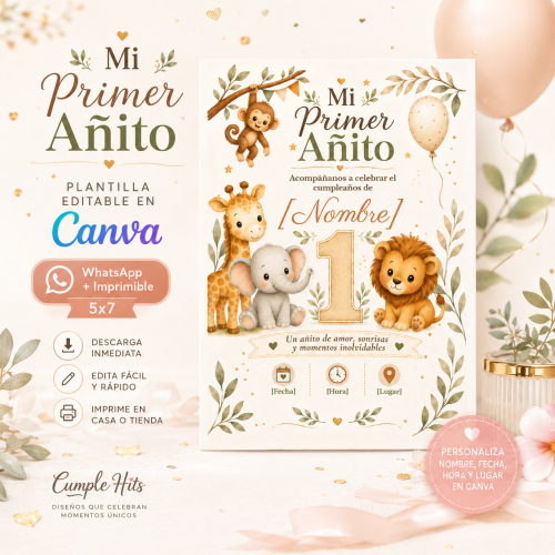 Invitación Mi Primer Añito Animalitos Editable en Canva | WhatsApp e Imprimible 5x7 - Imagen 3