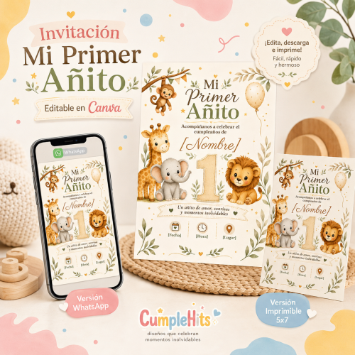 Invitación Mi Primer Añito Animalitos Editable en Canva | WhatsApp e Imprimible 5x7 - Imagen 2