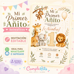 Invitación Mi Primer Añito Animalitos Editable en Canva | WhatsApp e Imprimible 5x7