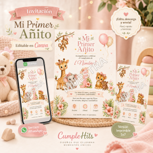 Invitación Mi Primer Añito Safari Rosa para Niña Editable en Canva | WhatsApp e Imprimible 5×7