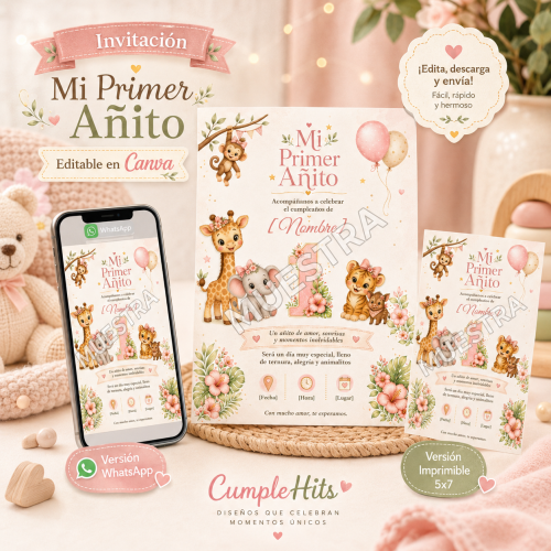 Invitación Mi Primer Añito Safari Rosa para Niña Editable en Canva | WhatsApp e Imprimible 5×7