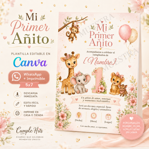 Invitación Mi Primer Añito Safari Rosa para Niña Editable en Canva | WhatsApp e Imprimible 5×7 - Imagen 3