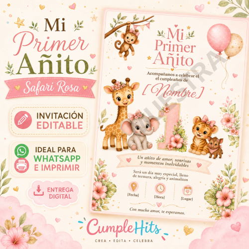 Invitación Mi Primer Añito Safari Rosa para Niña Editable en Canva | WhatsApp e Imprimible 5×7 - Imagen 2